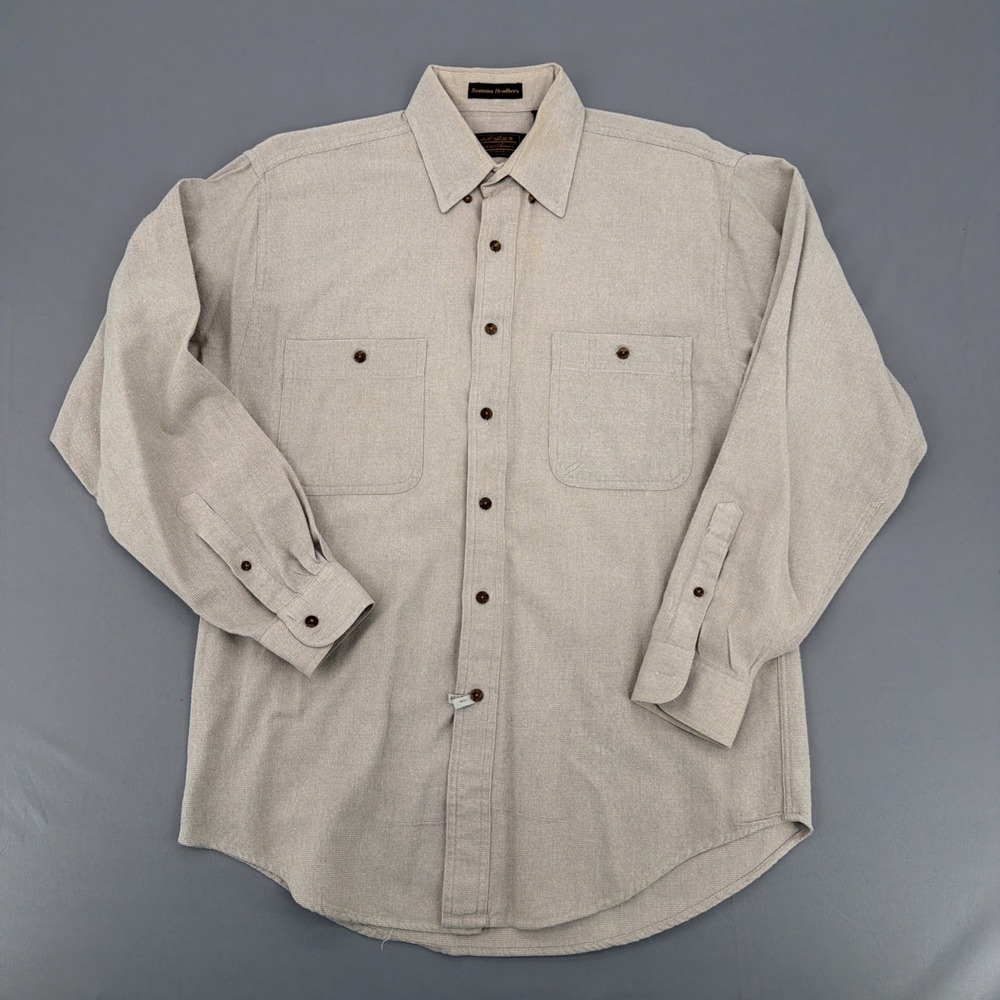 Vintage 90s Eddie Bauer Denim Shirt Mens M 100 Cotton Beige Button Down Workwear - Picture 2 of 15